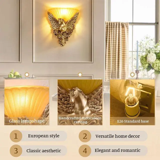 Alt view image 2 of 7 - Unique Wall Lamp Living Room Light Fixture Gold Pegasus Design 2Pack | Modern Vintage Rustic Wall Sconce Horse Head Style 12.99in Frosted Glass Shade Art Deco Dining Room Hallway,Left and right