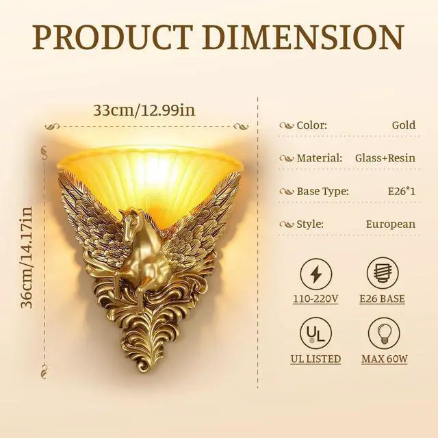 Alt view image 4 of 7 - Unique Wall Lamp Living Room Light Fixture Gold Pegasus Design 2Pack | Modern Vintage Rustic Wall Sconce Horse Head Style 12.99in Frosted Glass Shade Art Deco Dining Room Hallway,Left and right