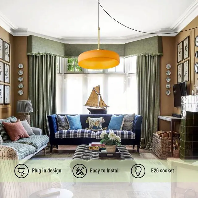 Alt view image 4 of 7 - Modern Pendant Lamp Plug in Pendant Light Fixture Milk Glass Hanging Lamp Plug in Cord Hanging Lights with Orange Round Shade Vintage Gold Swag Lighting for Kitchen Island Bedroom
