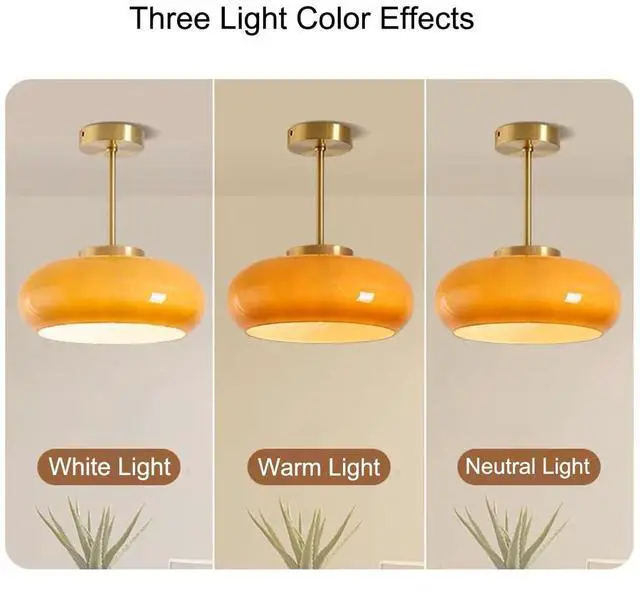 Alt view image 7 of 7 - Glass Semi Flush Mount Ceiling Light,Modern Close to Ceiling Light Fixtures, Orange Dome Glass Shade 11", Indoor Gold Ceiling Lamp for Hallway, Bedroom, Dining Room, Kitchen Island