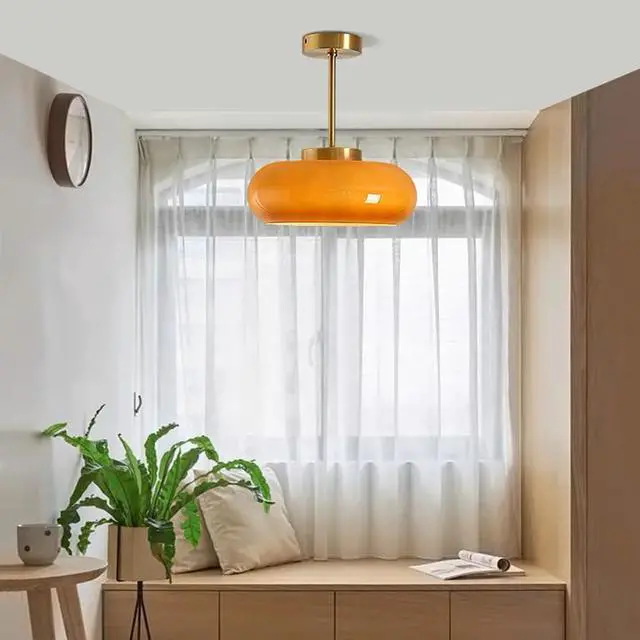 Alt view image 6 of 7 - Glass Semi Flush Mount Ceiling Light,Modern Close to Ceiling Light Fixtures, Orange Dome Glass Shade 11", Indoor Gold Ceiling Lamp for Hallway, Bedroom, Dining Room, Kitchen Island