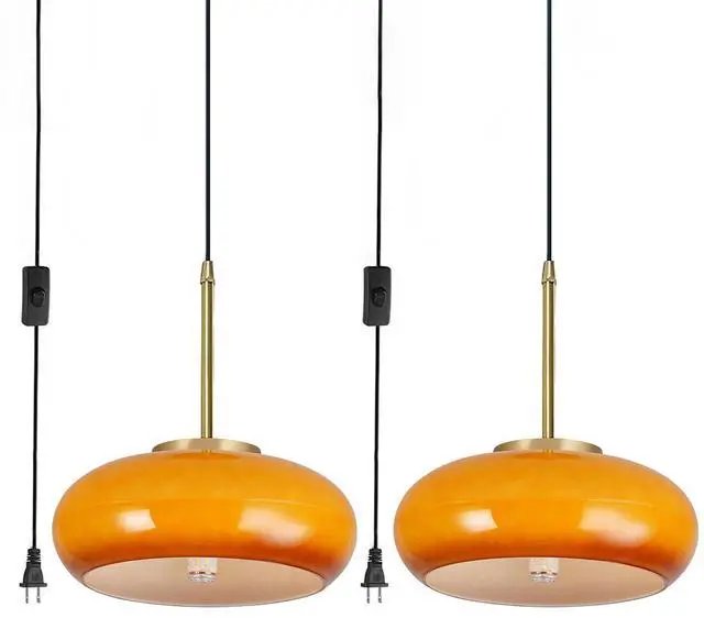 Main image of Milk Glass Pendant Lamp Plug in Pendant Light Fixture Mid Century Plug in Hanging Lamp Modern Orange and Gold Plug Chandelier Lighting with 14.7 ft Long Cord Globe Swag in Fixtures