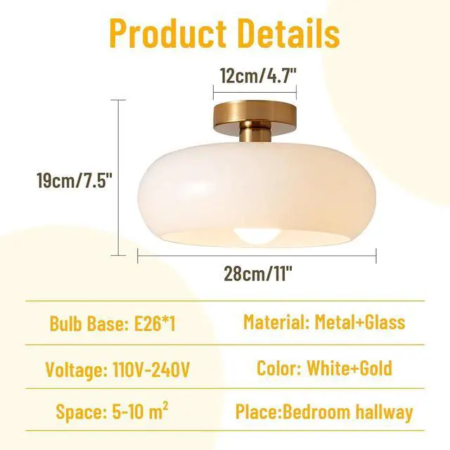 Alt view image 2 of 7 - White Glass Ceiling Light Mid Century Flush Mount Ceiling Light Fixture with 11" Dome Glass Shade Gold Modern Close to Ceiling Lamp MCM Ceiling Lights for Hallway Bedroom Dining Room