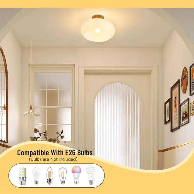 Alt view image 5 of 7 - Mid Century Modern Ceiling Light - MCM Milk Glass Flush Mount with 11" White Dome Shade - Gold Brass Ceiling Lamp for Hallway, Bedroom, Bathroom, Dining Room