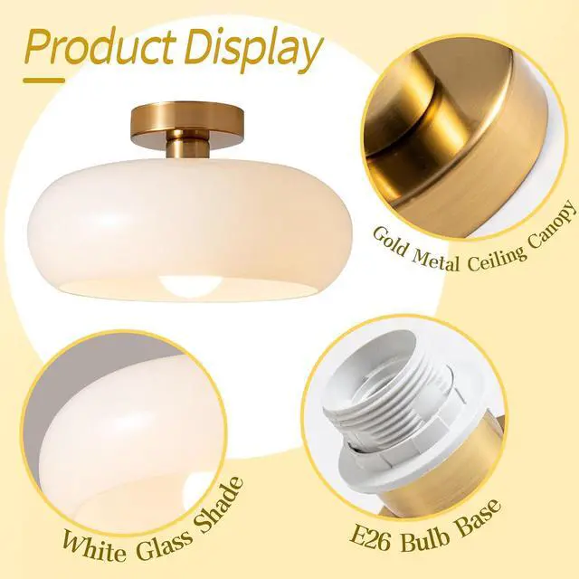 Alt view image 3 of 7 - White Glass Ceiling Light Mid Century Flush Mount Ceiling Light Fixture with 11" Dome Glass Shade Gold Modern Close to Ceiling Lamp MCM Ceiling Lights for Hallway Bedroom Dining Room
