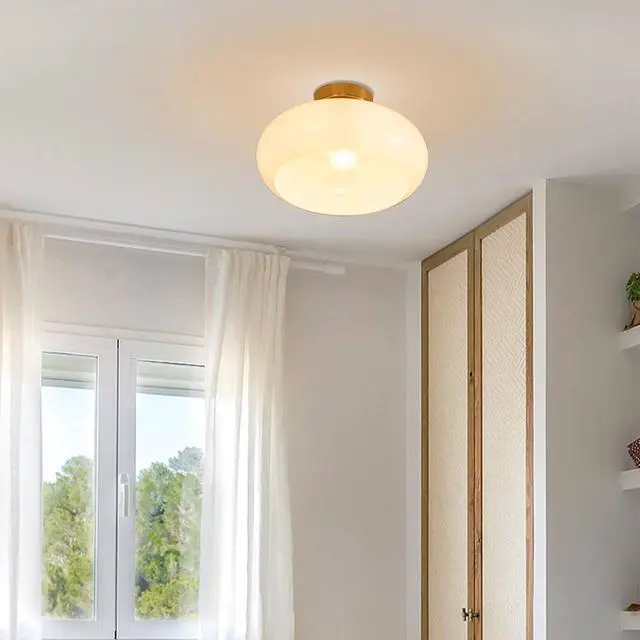 Alt view image 6 of 7 - Mid Century Modern Ceiling Light - MCM Milk Glass Flush Mount with 11" White Dome Shade - Gold Brass Ceiling Lamp for Hallway, Bedroom, Bathroom, Dining Room