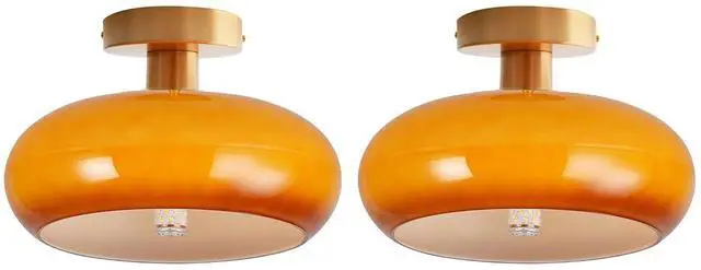 Main image of Gold Flush Mount Ceiling Light Orange Glass Flush Mount Lamp Mid Century Modern Ceiling Lights Fixture with Dome Glass Shade 11" Indoor Close to Lamp Hallway Bedroom Dining Room Kitchen