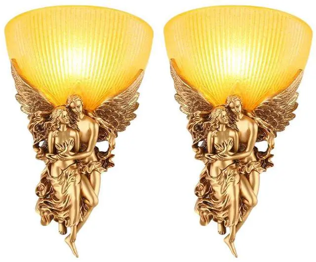 Main image of 2-Pack Vintage Wall Sconce Lights Gold Unique Antique Sconces with Frosted Glass Lamp Shade Resin Angel Art Deco Style European Modern Wall Lighting for Living Room Hallway Bedroom