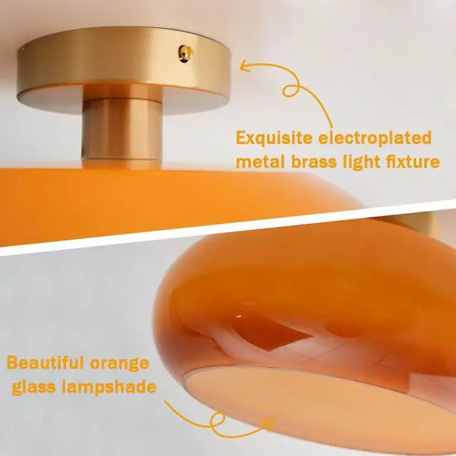 Alt view image 4 of 7 - Gold Flush Mount Ceiling Light Orange Glass Flush Mount Lamp Mid Century Modern Ceiling Lights Fixture with Dome Glass Shade 11" Indoor Close to Lamp Hallway Bedroom Dining Room Kitchen