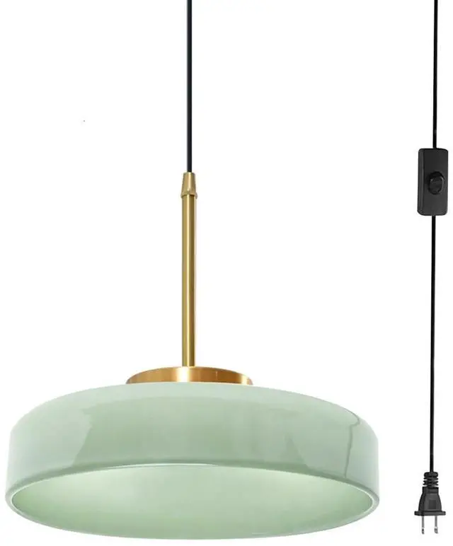 Main image of Mid Century Plug-in Pendant Light - Milk Green Glass Pendant Lamp Adjustable Hanging Wire, 13.8" Large Glass Dome Shade, E26 Socket, Living Room Ceiling Hanging Lamp with Plug in Cord