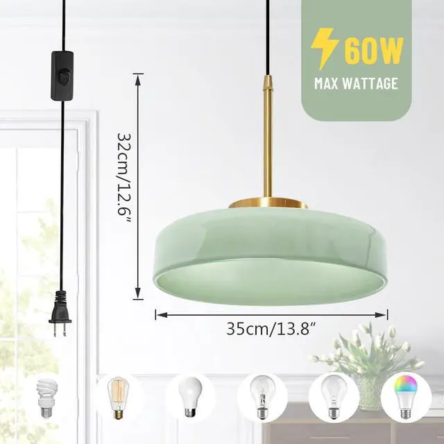 Alt view image 2 of 7 - Mid Century Plug-in Pendant Light - Milk Green Glass Pendant Lamp Adjustable Hanging Wire, 13.8" Large Glass Dome Shade, E26 Socket, Living Room Ceiling Hanging Lamp with Plug in Cord