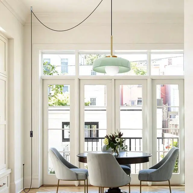 Alt view image 4 of 7 - Mid Century Plug-in Pendant Light - Milk Green Glass Pendant Lamp Adjustable Hanging Wire, 13.8" Large Glass Dome Shade, E26 Socket, Living Room Ceiling Hanging Lamp with Plug in Cord