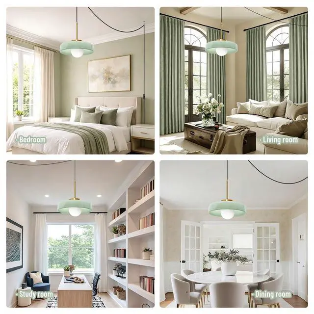 Alt view image 6 of 7 - Mid Century Plug-in Pendant Light - Milk Green Glass Pendant Lamp Adjustable Hanging Wire, 13.8" Large Glass Dome Shade, E26 Socket, Living Room Ceiling Hanging Lamp with Plug in Cord