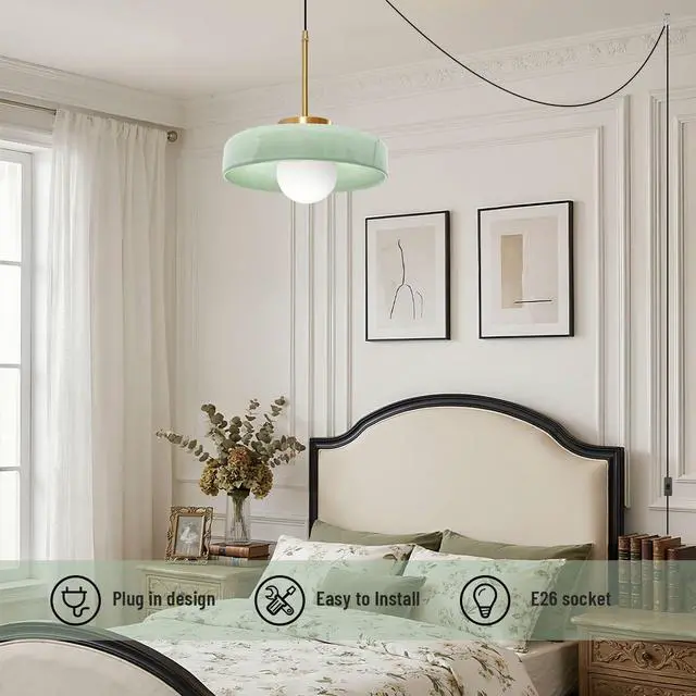 Alt view image 5 of 7 - Mid Century Plug-in Pendant Light - Milk Green Glass Pendant Lamp Adjustable Hanging Wire, 13.8" Large Glass Dome Shade, E26 Socket, Living Room Ceiling Hanging Lamp with Plug in Cord