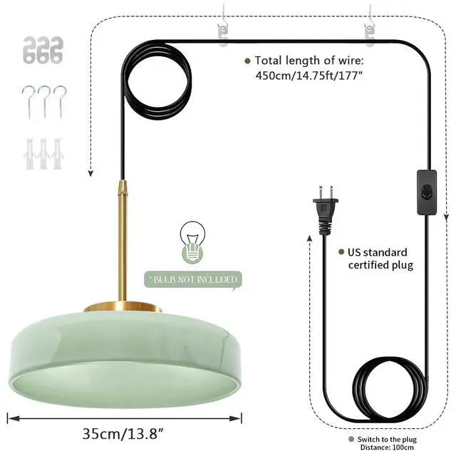 Alt view image 7 of 7 - Mid Century Plug-in Pendant Light - Milk Green Glass Pendant Lamp Adjustable Hanging Wire, 13.8" Large Glass Dome Shade, E26 Socket, Living Room Ceiling Hanging Lamp with Plug in Cord