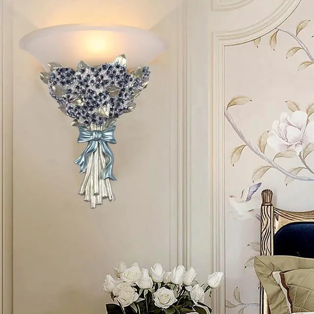 Alt view image 4 of 7 - Unique Wall Sconce Flower Light Fixture Vintage Glass Wall Lights Blue Flowers Shape Modern Sconces Lamp Frosted White Glass Shade Gold Resin Sconce Fixtures for Hallway Living Room