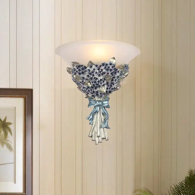 Alt view image 5 of 7 - Unique Wall Sconce Flower Light Fixture Vintage Glass Wall Lights Blue Flowers Shape Modern Sconces Lamp Frosted White Glass Shade Gold Resin Sconce Fixtures for Hallway Living Room
