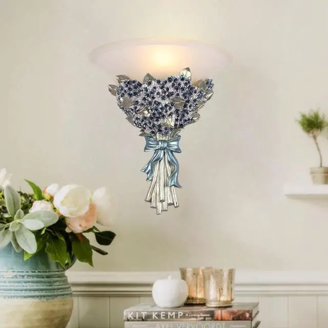 Alt view image 6 of 7 - Unique Wall Sconce Flower Light Fixture Vintage Glass Wall Lights Blue Flowers Shape Modern Sconces Lamp Frosted White Glass Shade Gold Resin Sconce Fixtures for Hallway Living Room
