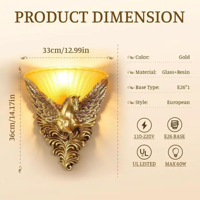 Alt view image 2 of 7 - Antique Wall Sconce Light - Creative Horse Accent Deco Gold Wall Lamp with Frosted Glass Shade European Vintage Sconce Light Fixture Indoor Lighting Fixtures for Hallway Staircase