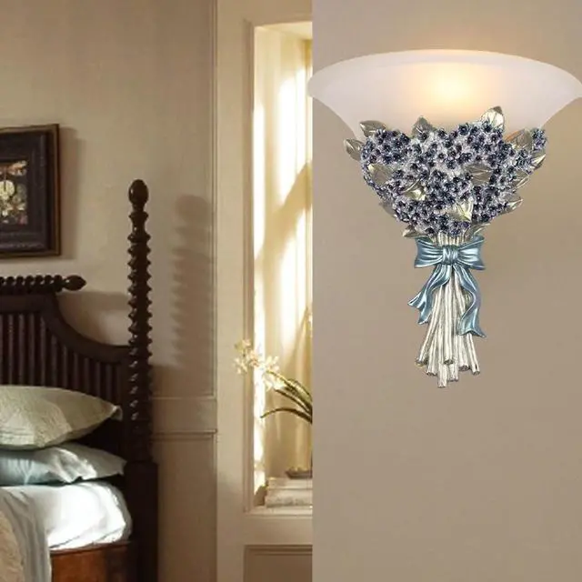 Alt view image 7 of 7 - Unique Wall Sconce Flower Light Fixture Vintage Glass Wall Lights Blue Flowers Shape Modern Sconces Lamp Frosted White Glass Shade Gold Resin Sconce Fixtures for Hallway Living Room