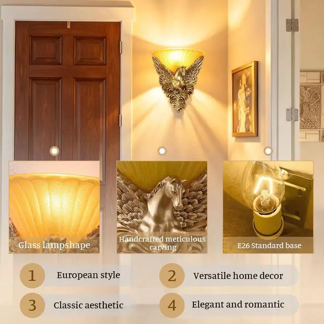 Alt view image 3 of 7 - Antique Wall Sconce Light - Creative Horse Accent Deco Gold Wall Lamp with Frosted Glass Shade European Vintage Sconce Light Fixture Indoor Lighting Fixtures for Hallway Staircase