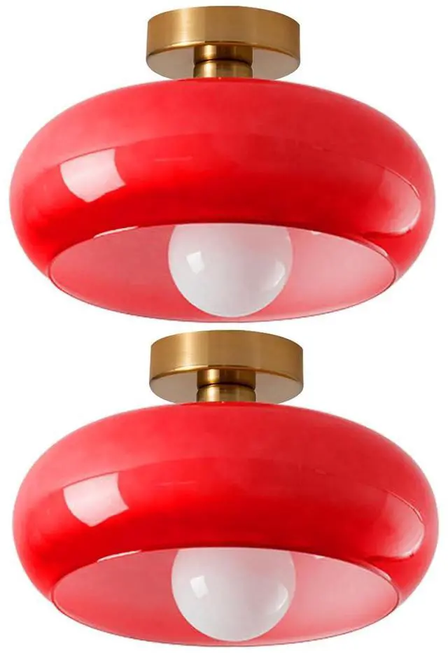 Main image of Mid Century Vintage Ceiling Light Fixture Red Glass Ceiling Lighting 11" Round Dome Shade Brushed Brass Modern Ceiling Lamp Gold Flush Mount Light Fixtures for Bedroom Hallway Foyer