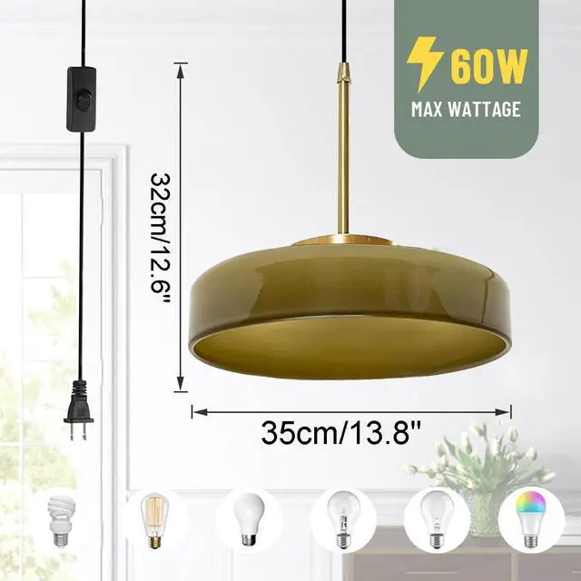 Alt view image 2 of 7 - Plug in Hanging Lamp Plug in Mid Century Pendant Light Green Glass Pendant Lamp Plug in Cord Dome Round Shade Gold Ceiling Hanging Lamps with Cord for Living Dining Room Kitchen Island