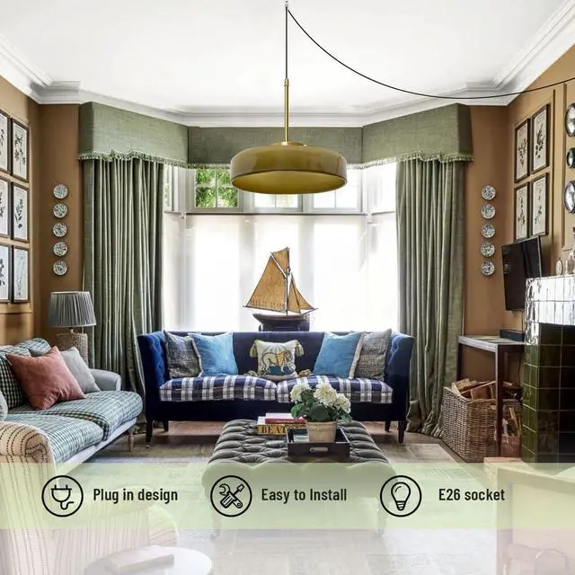 Alt view image 4 of 7 - Plug in Hanging Lamp Plug in Mid Century Pendant Light Green Glass Pendant Lamp Plug in Cord Dome Round Shade Gold Ceiling Hanging Lamps with Cord for Living Dining Room Kitchen Island