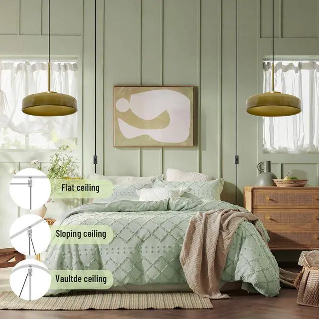 Alt view image 5 of 7 - Plug in Hanging Lamp Plug in Mid Century Pendant Light Green Glass Pendant Lamp Plug in Cord Dome Round Shade Gold Ceiling Hanging Lamps with Cord for Living Dining Room Kitchen Island