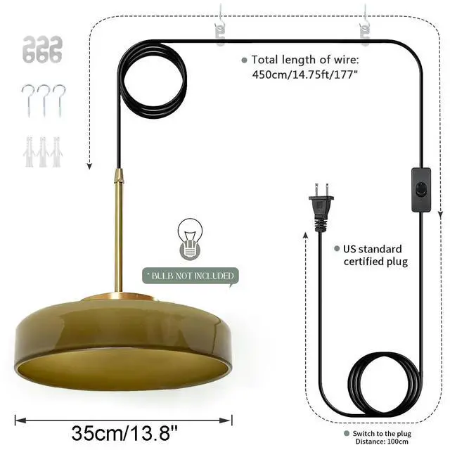 Alt view image 7 of 7 - Plug in Hanging Lamp Plug in Mid Century Pendant Light Green Glass Pendant Lamp Plug in Cord Dome Round Shade Gold Ceiling Hanging Lamps with Cord for Living Dining Room Kitchen Island
