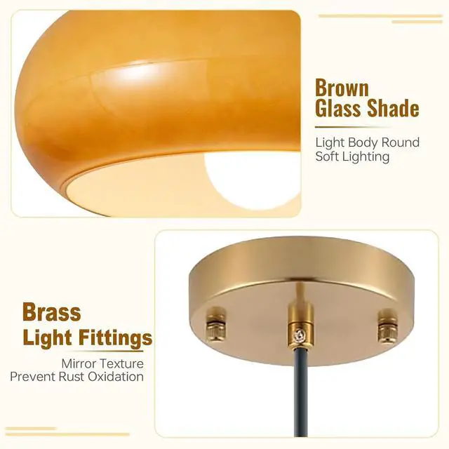 Alt view image 3 of 7 - Orange Pendant Light - Glass Hanging Lamp Gold Brass 1-Light Kitchen Island Pendant Lights Fixture Mid Century Modern Ceiling Hanging Lighting with 11 Dome Shade for Dining Room