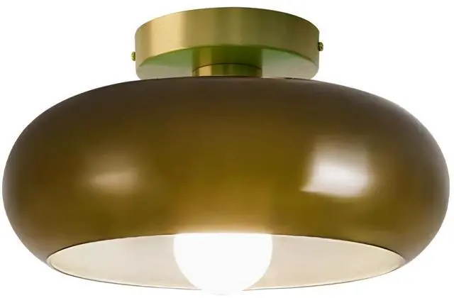 Main image of Dark Green Flush Mount Ceiling Light - 11" Dome Glass Shade Mid Century Modern Close to Ceiling Light Fixtures Vintage Gold Brass Finish for Hallway Bedroom Dining Room Kitchen