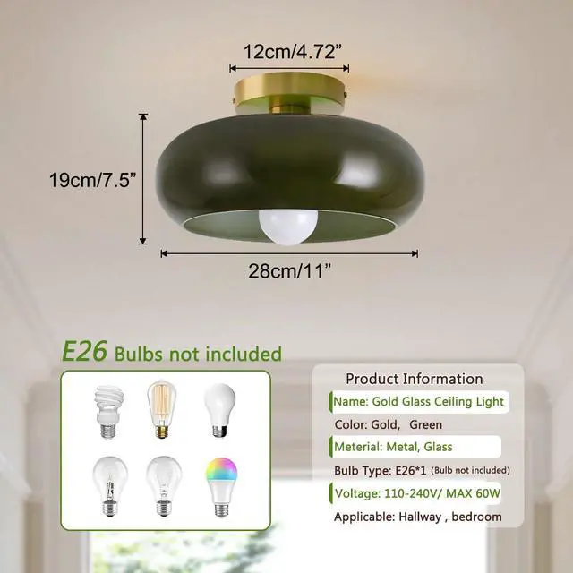 Alt view image 2 of 7 - Dark Green Flush Mount Ceiling Light - 11" Dome Glass Shade Mid Century Modern Close to Ceiling Light Fixtures Vintage Gold Brass Finish for Hallway Bedroom Dining Room Kitchen