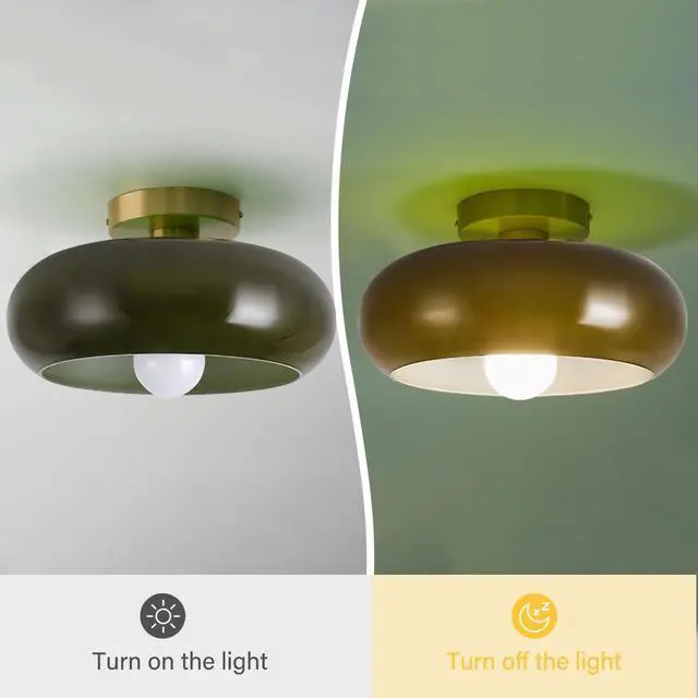 Alt view image 3 of 7 - Dark Green Flush Mount Ceiling Light - 11" Dome Glass Shade Mid Century Modern Close to Ceiling Light Fixtures Vintage Gold Brass Finish for Hallway Bedroom Dining Room Kitchen