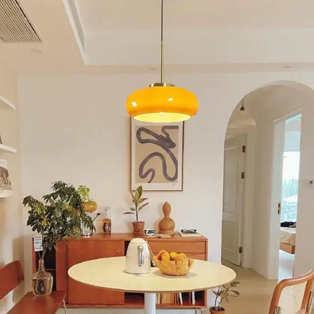 Alt view image 5 of 7 - Orange Pendant Light - Glass Hanging Lamp Gold Brass 1-Light Kitchen Island Pendant Lights Fixture Mid Century Modern Ceiling Hanging Lighting with 11 Dome Shade for Dining Room