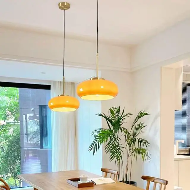 Alt view image 7 of 7 - Orange Pendant Light - Glass Hanging Lamp Gold Brass 1-Light Kitchen Island Pendant Lights Fixture Mid Century Modern Ceiling Hanging Lighting with 11 Dome Shade for Dining Room