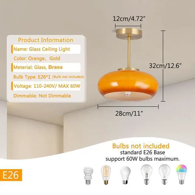 Alt view image 2 of 7 - Milk Glass Flush Mount Ceiling Light mid Century Modern Ceiling Lights fixtures Dome Glass Shade Gold Brass Ceiling Light, Orange GlassCeiling Lamp for Hallway Dining Room Kitchen