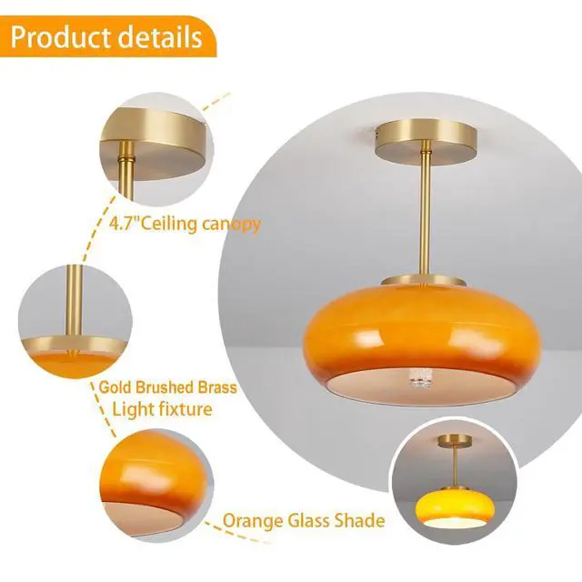 Alt view image 5 of 7 - Milk Glass Flush Mount Ceiling Light mid Century Modern Ceiling Lights fixtures Dome Glass Shade Gold Brass Ceiling Light, Orange GlassCeiling Lamp for Hallway Dining Room Kitchen