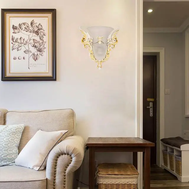 Alt view image 7 of 7 - Antique Wall Sconce Vintage 1-Light White Unique Resin Angel Wings | Modern Sconce with Frosted Glass Shade 13.8*14.2, E26 Lamp Holder,White Gold Fixture,Living Room Hallway Bedroom Doorway