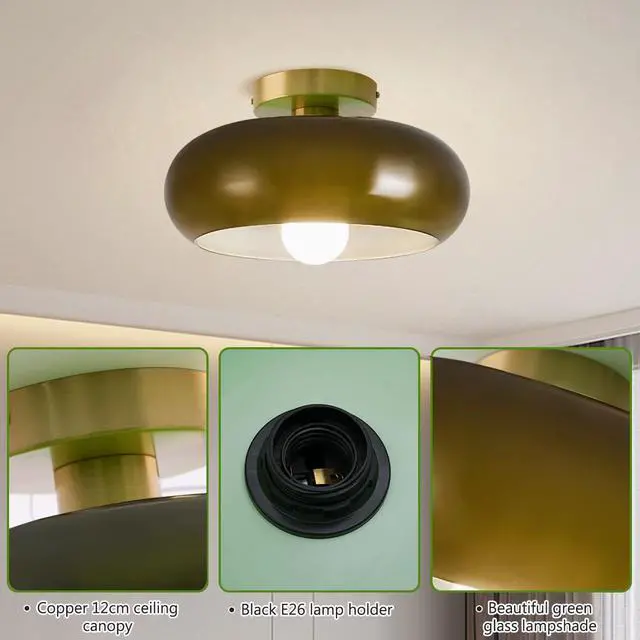Alt view image 5 of 7 - Dark Green Flush Mount Ceiling Light - 11" Dome Glass Shade Mid Century Modern Close to Ceiling Light Fixtures Vintage Gold Brass Finish for Hallway Bedroom Dining Room Kitchen
