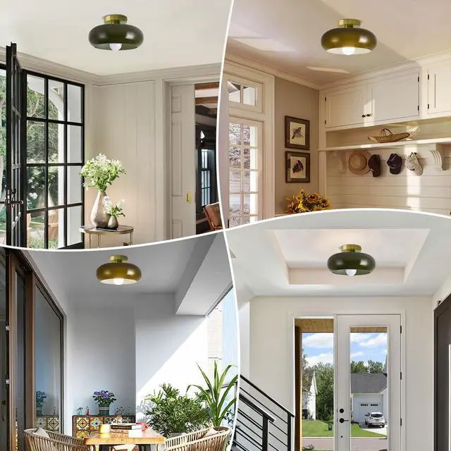 Alt view image 6 of 7 - Dark Green Flush Mount Ceiling Light - 11" Dome Glass Shade Mid Century Modern Close to Ceiling Light Fixtures Vintage Gold Brass Finish for Hallway Bedroom Dining Room Kitchen