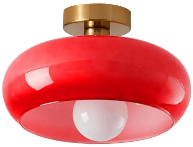 Main image of Vintage Ceiling Light Fixture Red Glass Flush Mount Ceiling Lights 11" Round Dome Glass Shade Mid Century Modern Ceiling Lights Gold Brass Flush Mount Lamp for Hallway Bedroom Kitchen