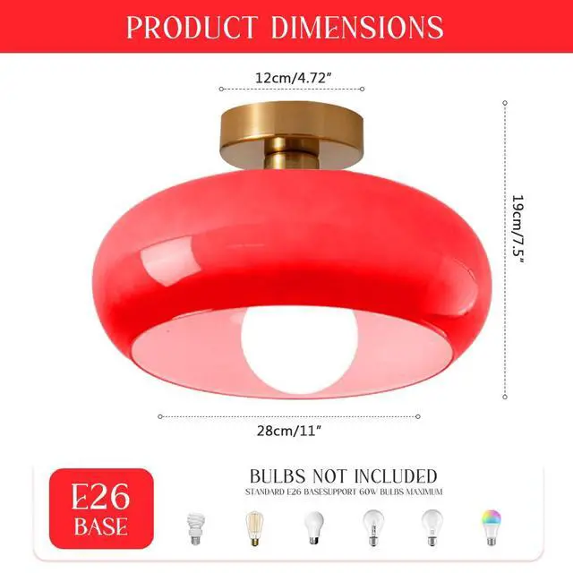 Alt view image 2 of 7 - Mid Century Vintage Ceiling Light Fixture Red Glass Ceiling Lighting 11" Round Dome Shade Brushed Brass Modern Ceiling Lamp Gold Flush Mount Light Fixtures for Bedroom Hallway Foyer