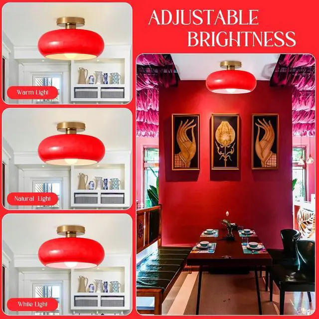 Alt view image 3 of 7 - Mid Century Vintage Ceiling Light Fixture Red Glass Ceiling Lighting 11" Round Dome Shade Brushed Brass Modern Ceiling Lamp Gold Flush Mount Light Fixtures for Bedroom Hallway Foyer