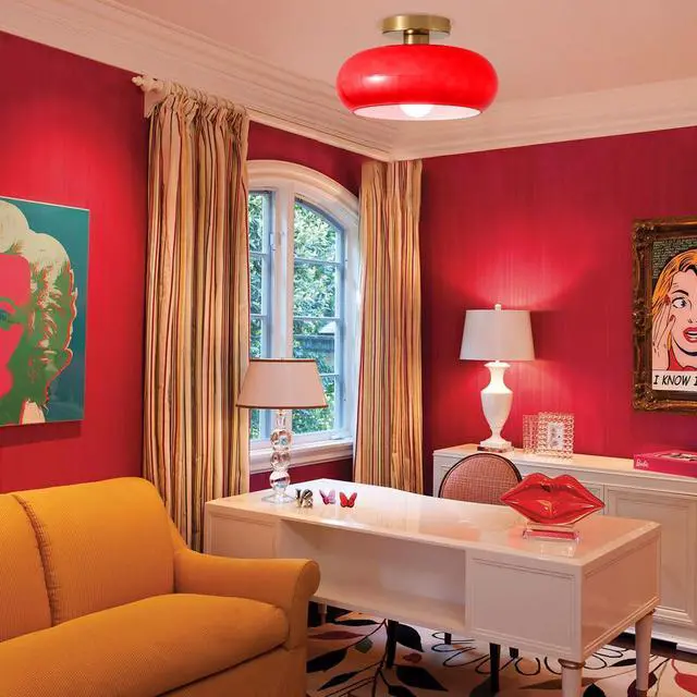 Alt view image 6 of 7 - Mid Century Vintage Ceiling Light Fixture Red Glass Ceiling Lighting 11" Round Dome Shade Brushed Brass Modern Ceiling Lamp Gold Flush Mount Light Fixtures for Bedroom Hallway Foyer