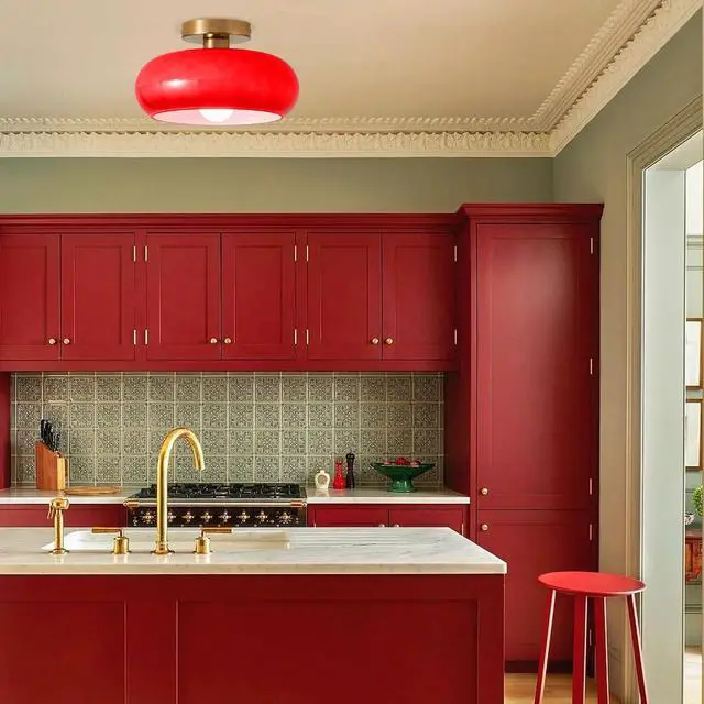 Alt view image 5 of 7 - Vintage Ceiling Light Fixture Red Glass Flush Mount Ceiling Lights 11" Round Dome Glass Shade Mid Century Modern Ceiling Lights Gold Brass Flush Mount Lamp for Hallway Bedroom Kitchen