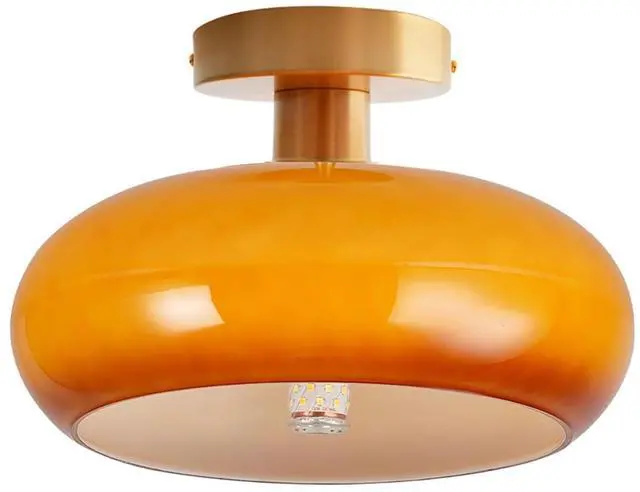 Main image of Orange Glass Flush Mount Ceiling Light Modern Close to Ceiling Light Fixtures with 11" Milk Glass Shade Dome Flush Mount Lamp Gold Brass Ceiling Lamp for Hallway Bedroom Kitchen Sink