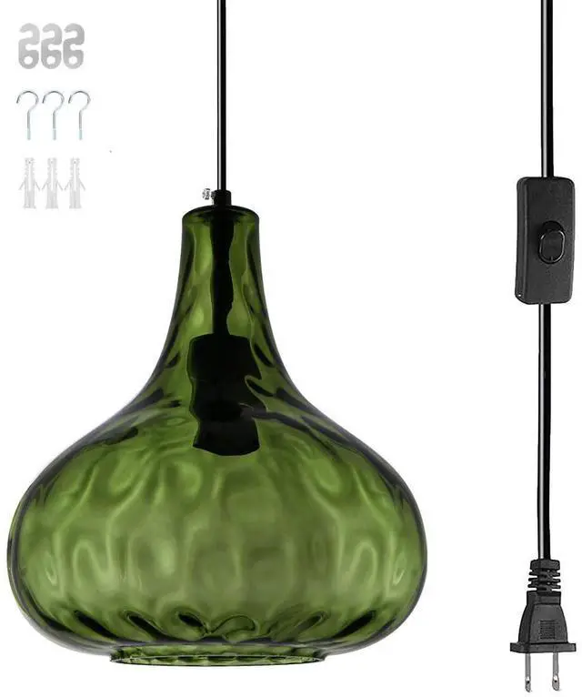 Main image of Vintage Plug in Pendant Light Fixture - Hammered Dark Green Glass Shade,Mid-Century Modern Plug in Hanging Pendant Lamp with 14.7 ft Cord for Living Room Corner Room Bedroom Farmhouse