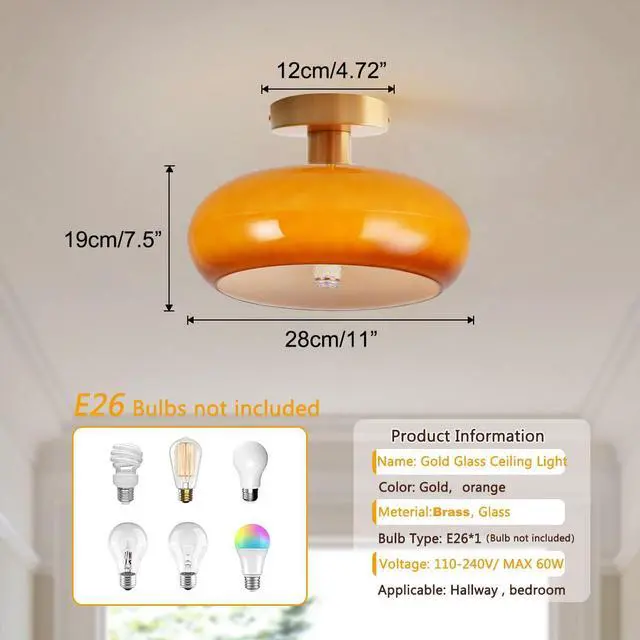 Alt view image 2 of 7 - Orange Glass Flush Mount Ceiling Light Modern Close to Ceiling Light Fixtures with 11" Milk Glass Shade Dome Flush Mount Lamp Gold Brass Ceiling Lamp for Hallway Bedroom Kitchen Sink