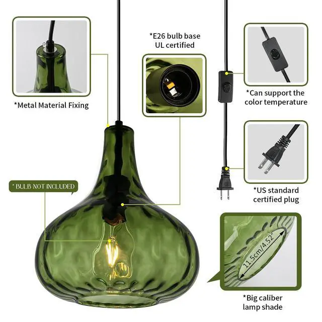 Alt view image 3 of 7 - Vintage Plug in Pendant Light Fixture - Hammered Dark Green Glass Shade,Mid-Century Modern Plug in Hanging Pendant Lamp with 14.7 ft Cord for Living Room Corner Room Bedroom Farmhouse